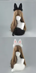 Detail view of cute anime plush rabbit ears and fluffy tail cosplay costume set props.
