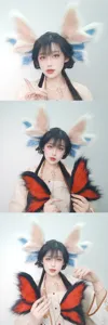 Gros plan sur les oreilles d'elfe duveteuses et les ailes de papillon pour le cosplay.