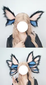 Vue détaillée du serre-tête oreilles de bête papillon duveteux, accessoire cosplay fantastique noir.