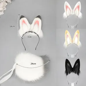 Faux fur animal ears and tail set, fluffy anime cosplay headband and tail costume.