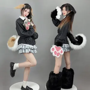 Halloween dog cat ears tail cosplay costume set fluffy animal ears tail paws gloves boots
