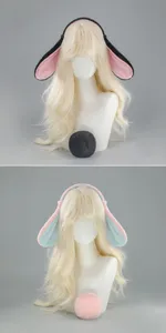 Plush floppy bunny ears headband and tail set detail, soft faux fur cosplay hair accessory.