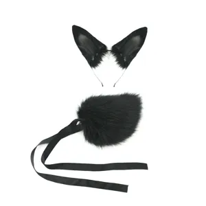 Black faux fur animal ears headband and fluffy tail cosplay set for stage performance and parties.