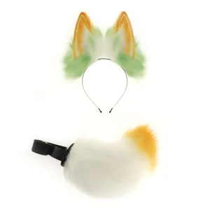 Set cerchietto orecchie da bestia e coda peluche verde e arancione per feste in maschera.