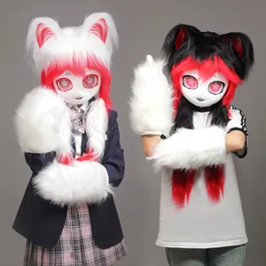 Furry anime kig masker set schattige kattenoren pluche hoofddeksel lolita cosplay