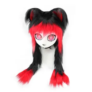 Zwarte en rode harige dierenmasker kig hoofddeksel pluche kattenoren cosplay accessoire