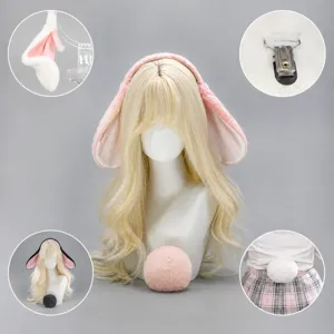 Lolita plush floppy rabbit ears headband and fluffy tail set for easter cosplay party.