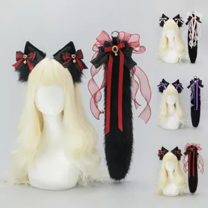 Handmade Lolita Cosplay Animal Ears And Tail Set Cute Plush Fox Wolf Ear Headband Bow Bells Party Hair Accessories