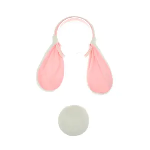 Plush lop-eared bunny headband and tail set for Easter cosplay. Soft pink white costume.