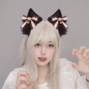 Cute black and pink plush animal ears headband for Lolita cosplay and cute daily fashion wear.