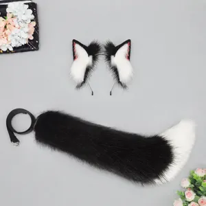 Zwarte witte nepbont wolf oren hoofdband en staart cosplay set voor festival Y2K