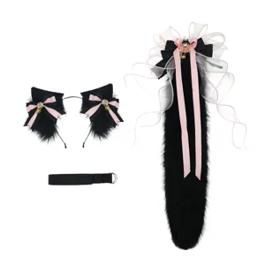 Handmade faux fur cat wolf ears tail set lolita cosplay gothic black pink hair hoop accessory