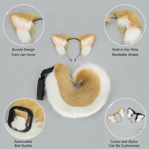 Faux fur dog ears and tail cosplay set with adjustable headband and bendable tail prop.