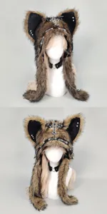 Gothic punk plush cat ear hat with chains and cross detail, perfect for winter subculture style.