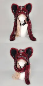 Gothic Punk Cat Ear Fluffy Winter Hat with Metal Chains Cross Pendant Warm Plush Cap
