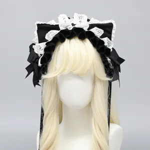 Japanese Lolita Cat Ear Headband Cute Lace Ruffle Bow Hair Hoop Sweet Hair Accessories For Women Cosplay Party