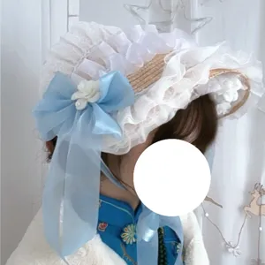Sweet lolita straw bonnet hat with white lace ruffles and blue bow for vintage aesthetic main