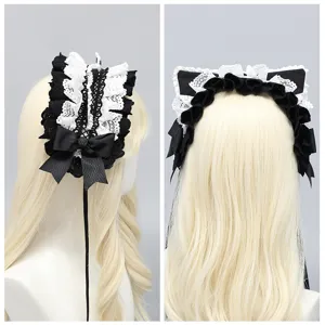 Black and white lolita cat ear headband lace hair accessory sweet gothic hair hoop