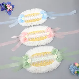 Handmade Lolita Bonnet Hat Sweet Lace Bow Straw Hat Pastoral Style Multi-Color Women