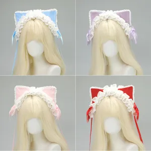 Lolita cat ear headband sweet lace bow hair accessories, four color variants for cute style.