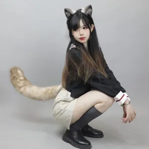 Cosplay plush cat ears headband and fluffy tail set costume accessory main view.