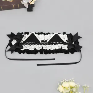 Sweet Lolita cat ear lace headband with bows, black and white Japanese KC headwear for cosplay.