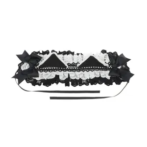 Black and white lolita cat ear lace hairband with cute bows for sweet daily wear and cosplay.