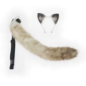 Cosplay cat ears and tail set, fluffy faux fur cat ear headband and tail for party dress.