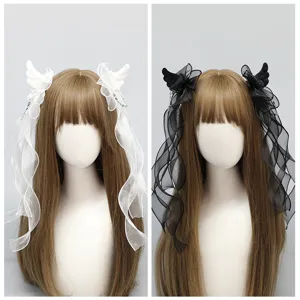 Lolita Gothic Hair Clip Angel Wings Bow Organza Ribbon Twin-Tail Side Clip Y2K Hair Accessories For Women