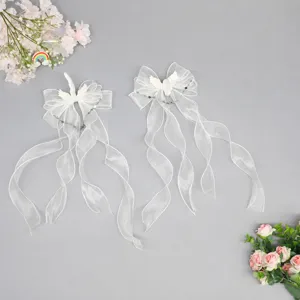 White organza bow hair clips with angel wings, cute Y2K Lolita dark twin tail side clip.