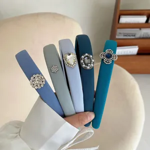 Korean Style Simple High Skull Top Sponge Headband Blue Grey Series Fabric Rhinestone Snowflake Flower Hair Hoop Headwear For Women