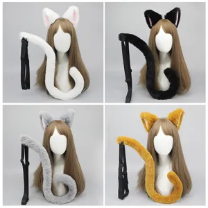 Cosplay cat ears headband and fluffy tail set with adjustable strap in four color variants.