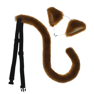 Furry cat ears headband and fluffy tail set, brown plush cosplay anime party costume accessories.