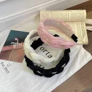Set van drie gevlochten geplooide haarbanden in roze, crème en zwart, vintage look