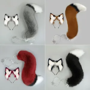 Ensemble serre-tête oreilles de renard en fausse fourrure et queue moelleuse pour cosplay.