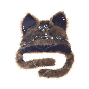 Gothic Punk Brown Plush Cat Ear Hat With Cross Chain Winter Warm Beanie Cap Style