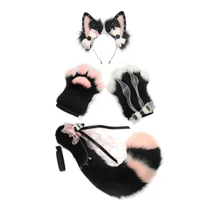 Handmade black pink cat fox ears headband paw gloves and tail cosplay costume set for anime
