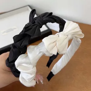 Korean Style Sweet Bow Pleated Fabric Headband For Women Elegant Satin Silk-like Hair Hoop Aesthetic Hair Accessories