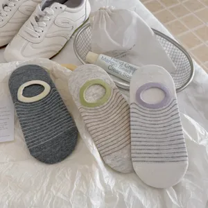 Λεπτομέρεια από τρία ζευγάρια ριγέ αόρατες κάλτσες σε ουδέτερα παστέλ χρώματα