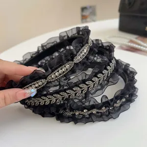 Korean Style Light Luxury Black Ruffle Organza Headband For Women Elegant Rhinestone Leaf Wheat Ear Pattern Toothed Hair Band Hair Accessories