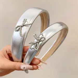 Silver Bow PU Leather Headband High Skull Top Thickened Padded Hair Band Elegant Beaded Bowknot Hair Accessory For Women