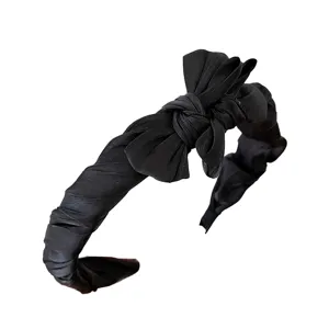 High-quality black pleated fabric headband with a large decorative bow for women