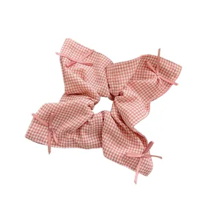 Pink and white gingham checkered oversized hair scrunchie with four cute small bow accents