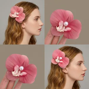 Elegant pink Phalaenopsis orchid hair clip with pearl for tropical beach vacation