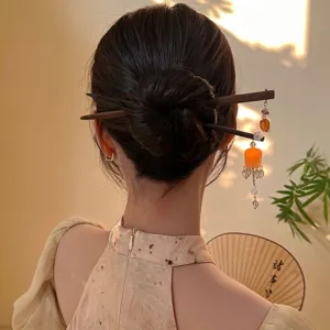 Traditional sandalwood hair stick with orange lantern tassels for Hanfu hair styles