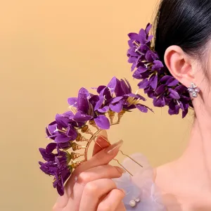 Elegante pettine per capelli floreale viola con base dorata per styling Hanfu tradizionale.