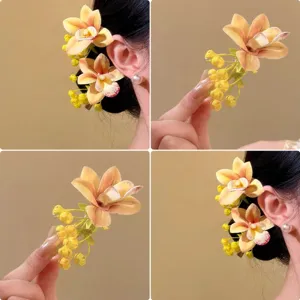 Handmade Fabric Orchid Flower Hair Clip Floral Hair Pins Vacation Style Travel Photo Side Clip For Women Hair Accessories