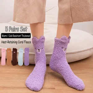 Cute Cartoon Animal 3D Ears Coral Fleece Floor Socks For Women Thickened Warm Winter Fuzzy Indoor Home Sleep Socks Embroidered Bear Design