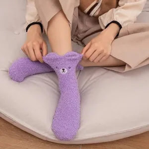 Cozy purple coral fleece floor socks with cute cartoon animal ears and face