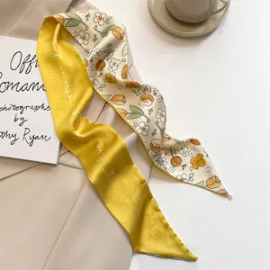 French style vintage floral yellow double-sided silk scarf for hair accessories and bags